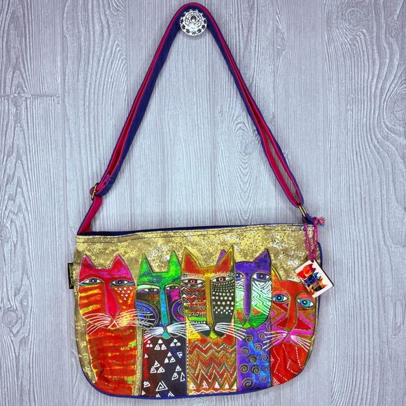 Laurel Burch Shoulder Crossbody Bag colorful rainbow beaded cat purse / mirror - Picture 2 of 10